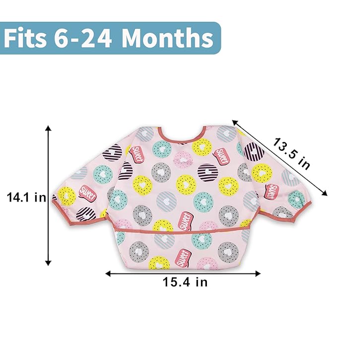 Long Sleeve Bibs For Babies 6-24 Months Full Coverage Shirt Bib for Baby Boys Girls Waterproof Smock Bibs with Sleeves Toddler Mess Free Bib for Eating with Pocket, 3 Pack