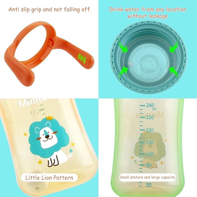 Qshare Sippy Cups for Toddlers, Weighted Straw Learner Cup with Handle for Babies, Water Bottle for Baby 6 Months with 3 Type of Spout, 8 Ounce (Green)