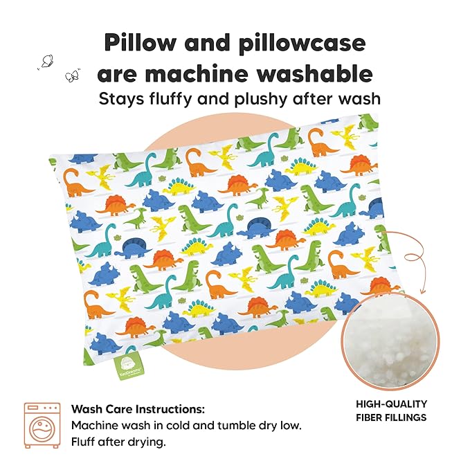 Toddler Pillow with Pillowcase - 13x18 My Little Dreamy Kids Travel Bed Pillows for Sleeping, Organic Cotton Small Pillowcase, Soft & Breathable, Machine Washable, Toddlers 2-5 Years Old (Happy Dino)