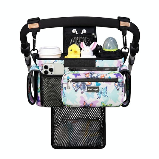 TOPDesign Universal Baby Stroller Organizer, Stroller Caddy with Detachable Mesh Bag & Heightened Insulated Cup Holders & Non-Slip Secure Hooks Accessories, Fits Most Strollers (Butterfly)