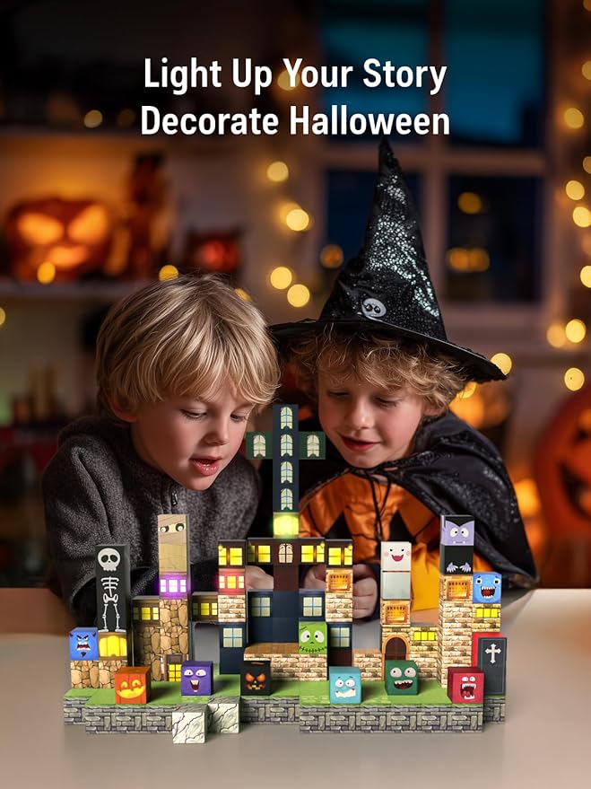 Magnetic Blocks -137PCS Lights Halloween Building Blocks,World Magnetic Tiles Kids Build Cubes 3+,STEM Toys for 3-5 4-8 5-7 Year Old Boys,Sensory Creative Activities Birthday Gift