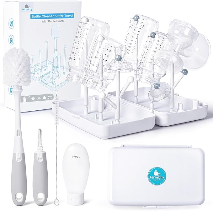 Termichy Travel Bottle Cleaning Kit: Portable Drying Rack & Brush Set for Working Moms - Compact Baby Essentials for Hotel & Camping