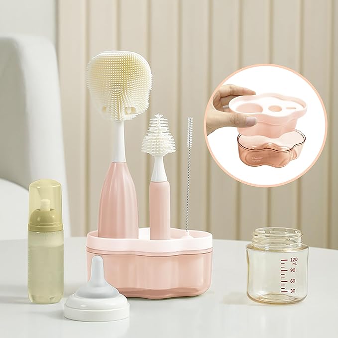 Baby Bottle Brush Kit with Push-Press Bubble and Drying Rack for Bottle Cleaning, Bendable Bottle Cleaner Brush for Baby Bottles, Breast Pumps, Nipples, Straws and More. Perfect for Home&Travel (Pink)