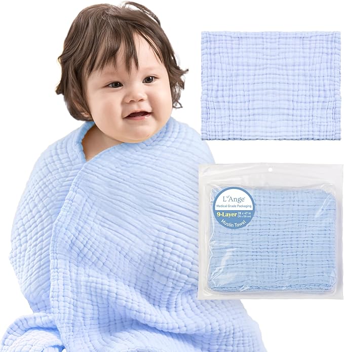 L'Ange Baby Bath Towel - 9 Layers 100% Cotton Muslin, Super Quick Dry, Medical Grade Packaging for Infants and Newborns - 28 x 47in - Blue