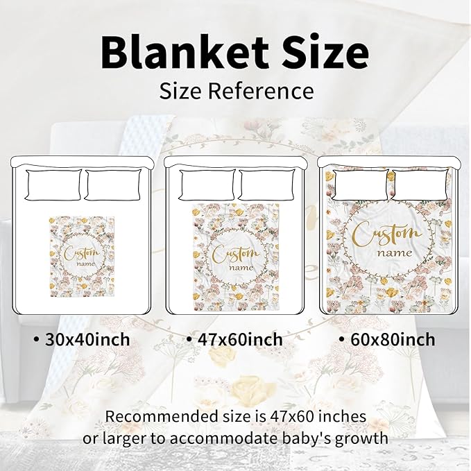 Personalized Name Baby Blanket, Soft Flannel with Double Layer Dotted Backing, Receiving Swaddle Blanket Suitable for Infants and Toddler, Flowers Design