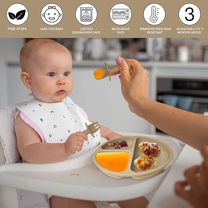 Baby Feeding Set 10-Piece | Baby Led Weaning Utensils Set Includes Suction Bowl and Plate, Baby Spoon and Fork, Sippy Cup, Straw, Lid & 2Bibs | Baby Feeding Supplies (B-Beige)