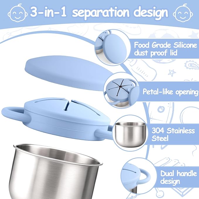 Mity rain 1 Pack Stainless Steel Snack Containers for Toddlers with Spill-Proof Silicone Lids & Handles - 3-in-1 Baby Snack Cups, No-Spill Toddler Snack Box, Perfect for On-the-Go Healthy Eating
