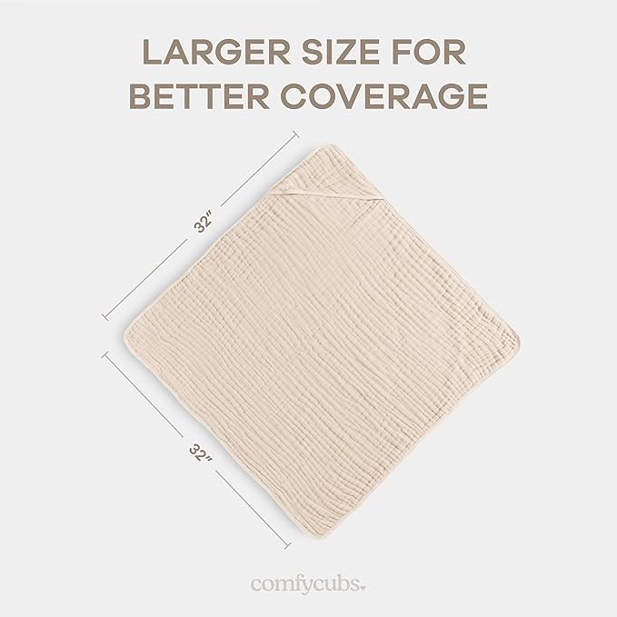 Comfy Cubs Hooded Baby Towel 2-Pack, Large 32 x 32 Inch - 6 Layer 100% Muslin Cotton for Babies, Toddlers and Kids - Soft & Absorbent Baby Bath Towels - Unisex Design for Bath Time - Sand