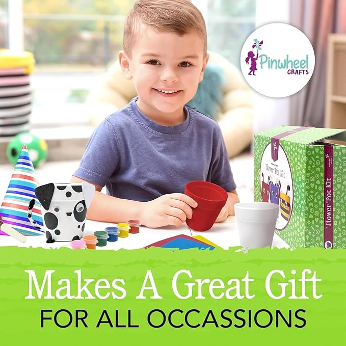 Pinwheel Crafts Flower Pot Painting Kit – Paint Your Own Kids Gardening Set with Seeds, Soil, 8 Paints, 2 Brushes & 3 Pots, DIY Plant Growing Kit for Kids Ages 8-12+, Kid Gardening Set