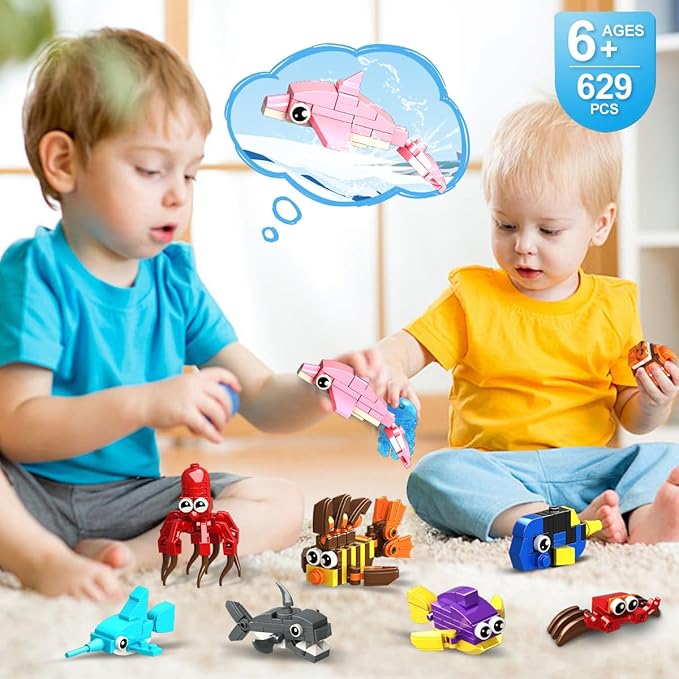 HOGOKIDS 24 Pack Party Favors for Kids Building Set - 629PCS Marine Animals Building Blocks Toy for Goodie Bag Stuffers Classroom Prizes, Valentines Day Easter Birthday Gift for Boys Girls Ages 6-12