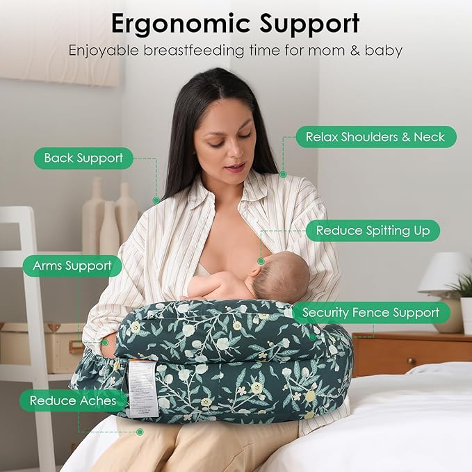 Nursing Pillow for Breastfeeding, Original Breastfeeding Pillows for Support Mom and Baby, Nursing Pillows with Adjustable Waist Strap, Pocket and Removable Soft Cover, Dark Green
