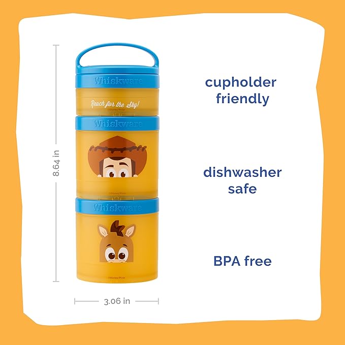 Whiskware Disney Pixar Stackable Snack Containers for Kids and Toddlers, 3 Stackable Polypropylene Snack Cups for School and Travel, Toy Story Woody and Bullseye