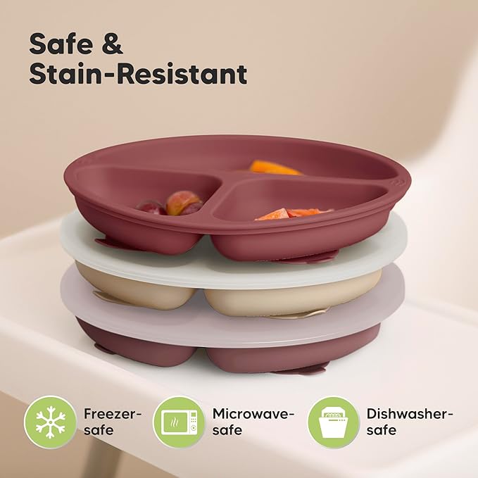 KeaBabies Suction Plates with Lids for Baby - 3-Pack 100% Silicone Toddler Plates with Suction, Divided, BPA-Free Baby Led Weaning Essentials for Kids, Dishwasher, Microwave Safe, Durable (Burgundy)