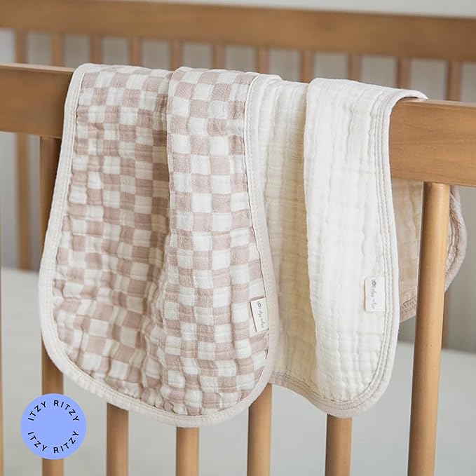 Itzy Ritzy Set of 2 Baby Burp Cloths – Ultra-Soft Absorbent Burping Cloths for Babies - Made of 100% Cotton Muslin & Generously Sized with Trendy Coordinating Prints – Machine Washable (Checkerboard)