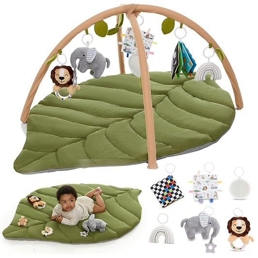 Baby Play Mat & Activity Gym - Tummy Time Mat with 6 Detachable Baby Toys | Oversized Leaf Modern Design Baby Play Gym | Perfect Baby Shower Gifts/Baby Must Haves - Developmental Activities for Baby