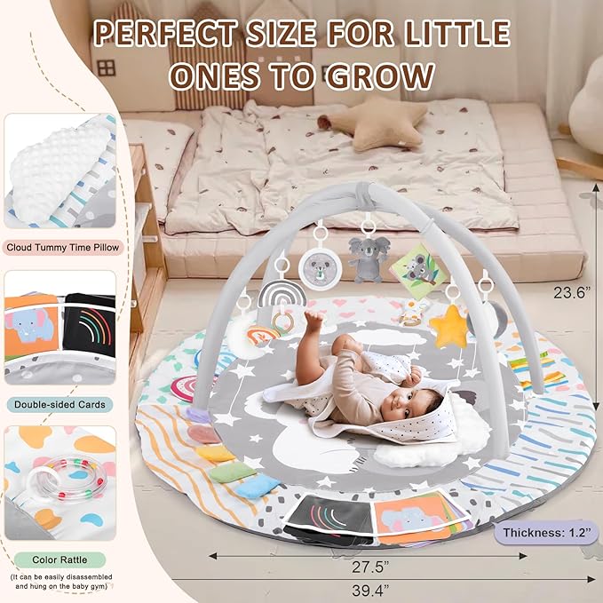 Baby Play Gym & Activity Mat, Tummy Time Mat with Tummy Time Pillow 7 Detachable Sensory Toys and Educational Cards for Motor Skills & Sensory Development, Baby Essentials Shower Gift, Grey Koala