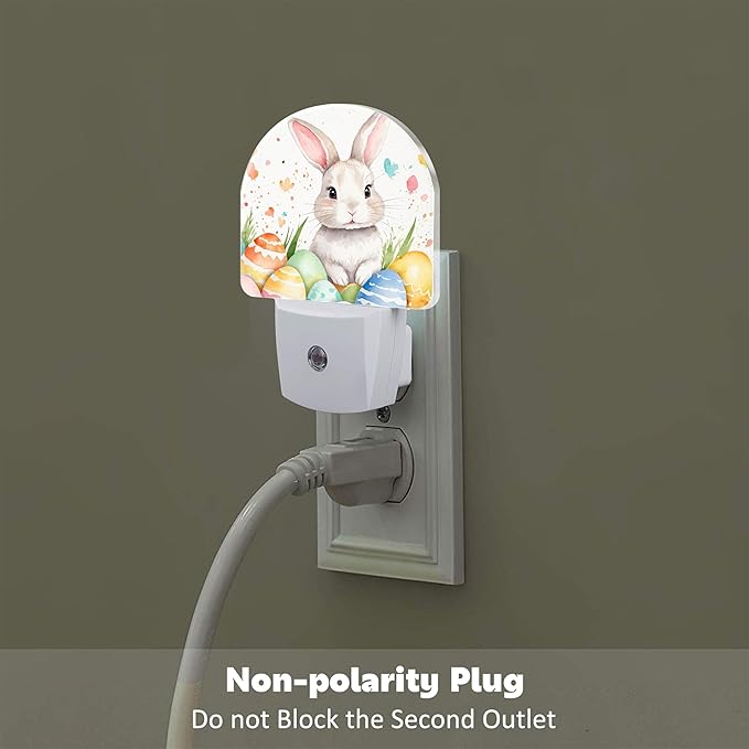 Easter Rabbit and Eggs Night Light Plug into Wall,Happy Easter Bunny Watercolor Floral Dusk to Dawn Night Light Plug in,0.5w Energy Saving Sleep Friendly NightLight for Kids Boys Girls Home Decor