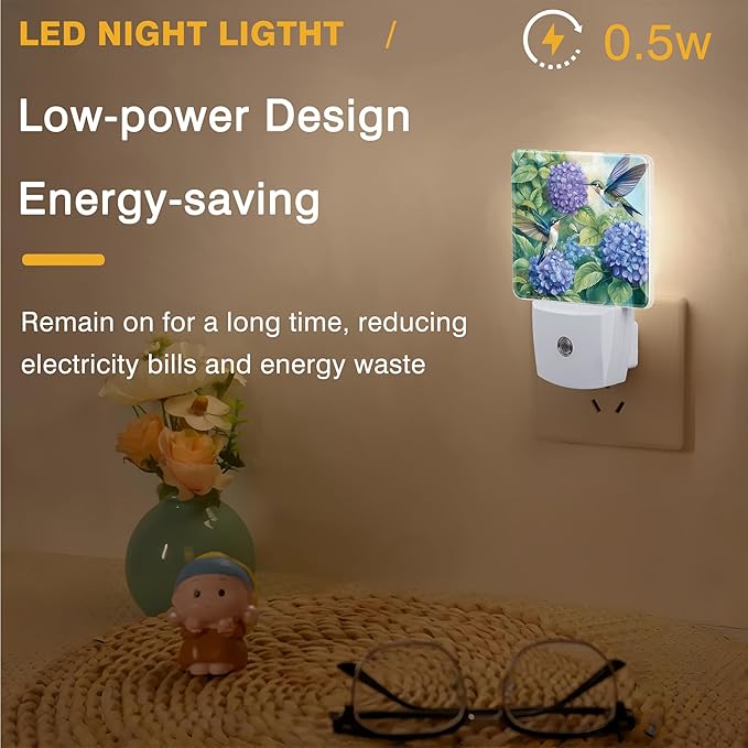 Night Light Hummingbird and Hydrangea Night Lights Plug into Wall Smart Dusk to Dawn Sensor 0.5W Energy Efficient Led Lamp for Men Women Bedroom Bathroom Hallway Stairway Decor