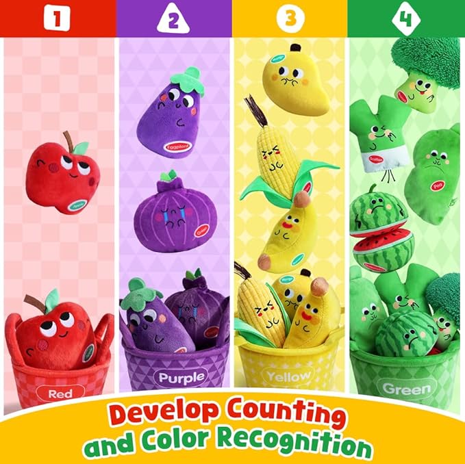 My First Fruit Vegetable Basket, 10 PCS Play Food for Toddler with Sorting Basket, Shapes Sensory Bean Bags, Baby Sensory Toys, Sorting Matching Playset, Soft Plush Stuffed Toys with Crinkle, Rattle