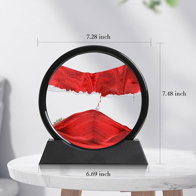 Moving Sand Art Liquid Motion, 3D Deep Sea Sandscape Color Quicksand Decor, Round Glass Moving Sand Art Picture Relaxing Desktop Home Office Work Decor (Red, 7 inch)