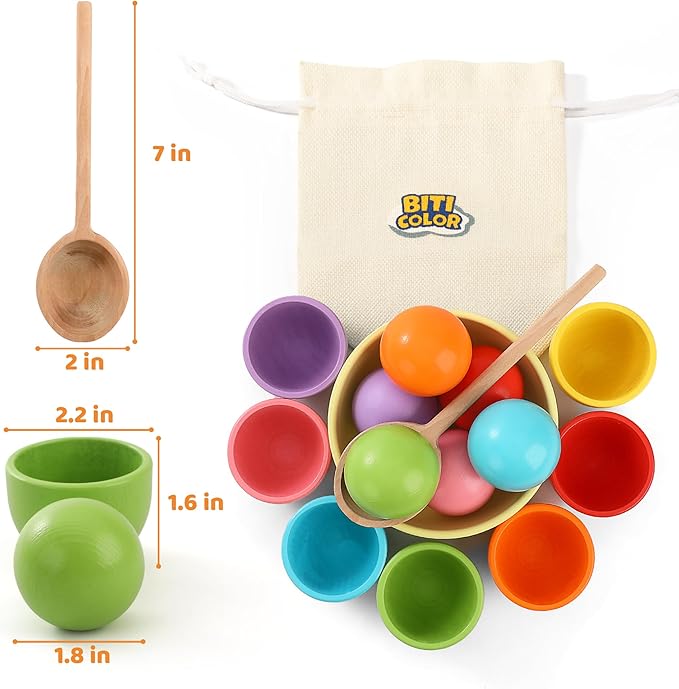 Montessori Larger Ball in Cup Color Sorting Toy for Toddlers Wooden Rainbow Ball Color Matching Toy - 7, 46mm
