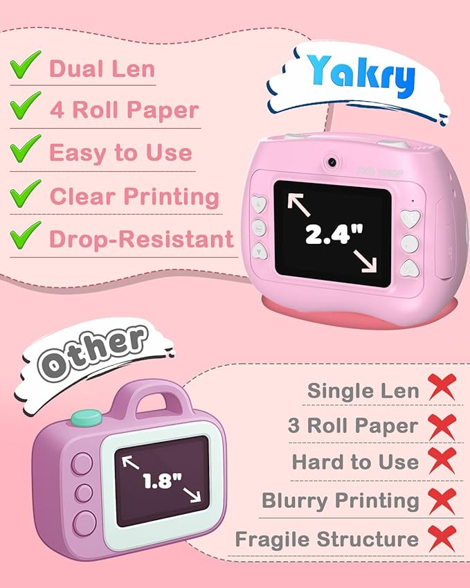 Kids Instant Print Camera Selfie Function - Front Rear Dual Kid Camera with 1080P Video for Girls Ages 3-12, Toddler Portable Travel Print Digital Camera for 3 4 5 6 7 8 9 10 11 12 Year Old Pink