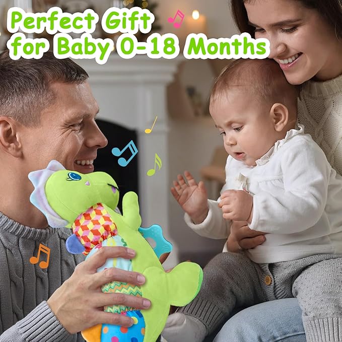 Baby Dino Plush Soft Stuffed Animal Toy for 0-3-6-12+ Months,Infant Musical Toy with Rattle,Squeaker,Sensory Crinkle,Teether & Textures,Tummy Time Toys Christmas Baby Gift for Newborn Girl Boy (Green)