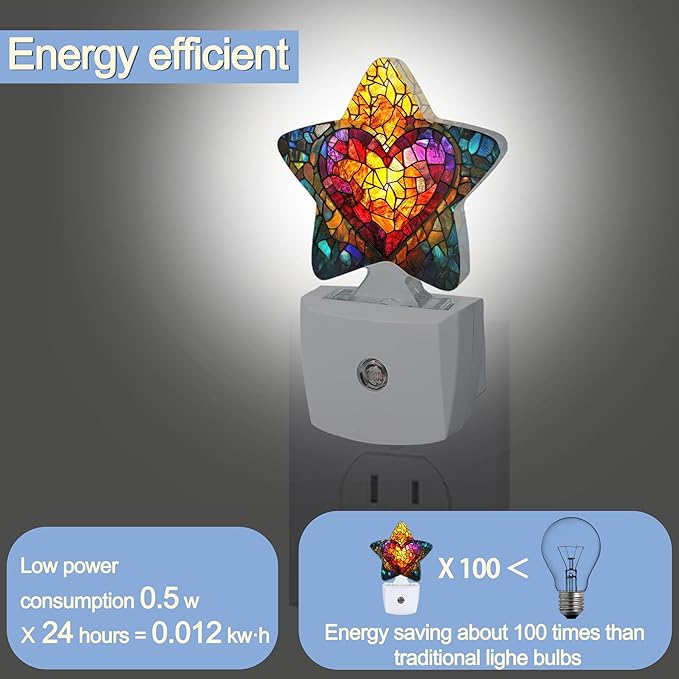 Love Heart Stained Glass Night Lights Plug Into Wall,Abstract Star Night Light for Kids,Nightlight with Dusk to Dawn Smart Sensor for Bedroom Bathroom Decor,Children Women Men Gift