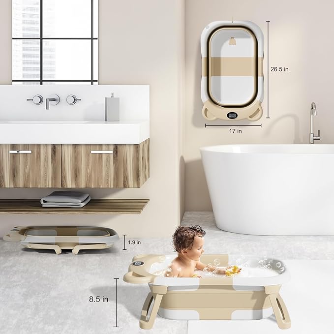 TPN Collapsible Baby Bathtub, Baby Bath Tub with Soft Cushion & Real-Time Thermometer, Baby Bathtub Infant to Toddler Tub (0-36 Months), Portable Travel Baby Tubs for Newborns (Beige)