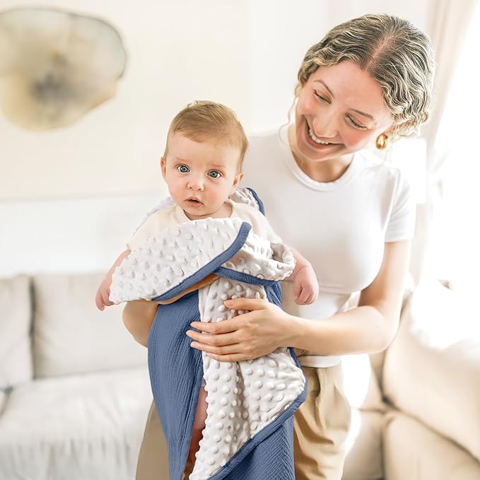 lulumoon Baby Blanket for Newborn Receiving: Minky Dot & Muslin Lightweight - Thermal Blanket Gift for Baby Shower & Hospital Welcoming 30"x40"（Blue）