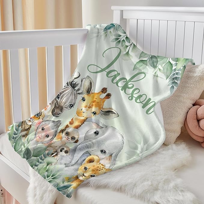 J&SBGFT Personalized Baby Blanket for Boys,Custom Baby Blanket with Name, Customized Name Blanket Receiving Blankets for Toddlers Kids Nursery Stroller Crib Decor Throw,Safari Animal Blanket