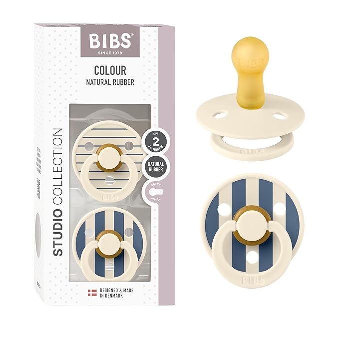 BIBS Pacifiers - Studio 2 Pack | Round Nipple Baby Pacifier | BPA Free Natural Rubber Latex Soother | Made in Denmark | Size 6+ Months | Pin Ivory Steel Blue
