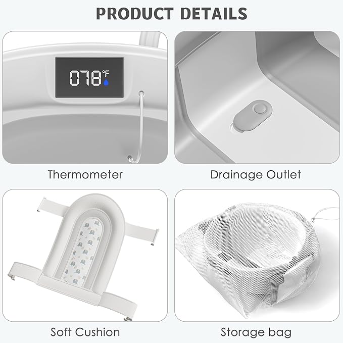 Collapsible Baby Bathtub for Newborn to Toddler 0-36 Months,Spacious Foldable Infant Bath Tub with Thermometer,Cushion & Drain Hole,Portable Travel Tub, Baby Shower Gift Grey