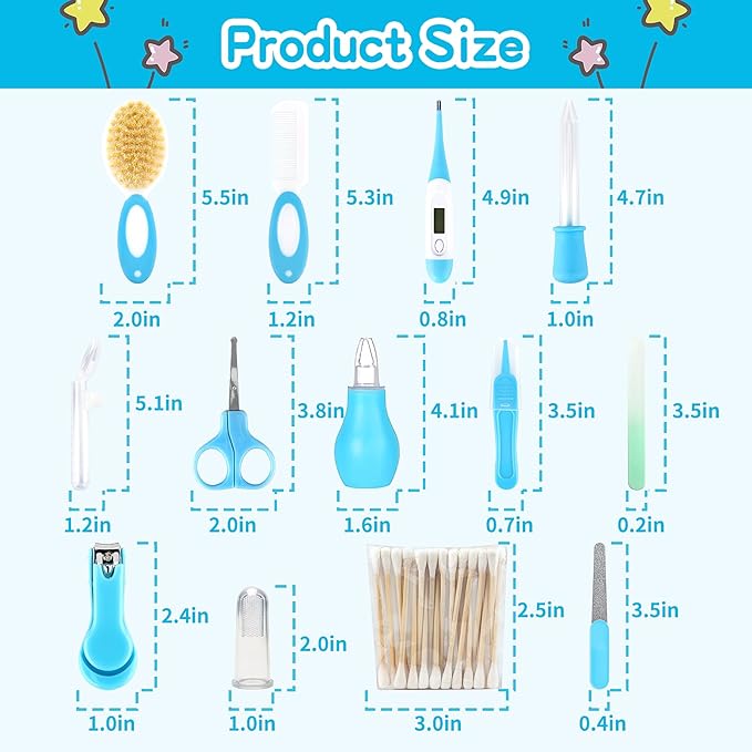 Baby Grooming Kit，Infant Safety Care Setwith Hair Brush Comb Nail Clipper Nasal Aspirator, Baby Essentials Kit for Newborn Girls Boys (14 PC-Blue Kit)