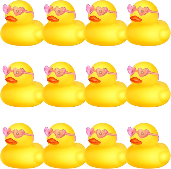 Chivao 12 Pcs Rubber Ducks with 12 Sunglasses/ Hats/ Headwear Small Mini Carnival Cruise Birthday Rubber Duckies Bathtub Toys in Bulk(Duck with Heart Glasses,Yellow)