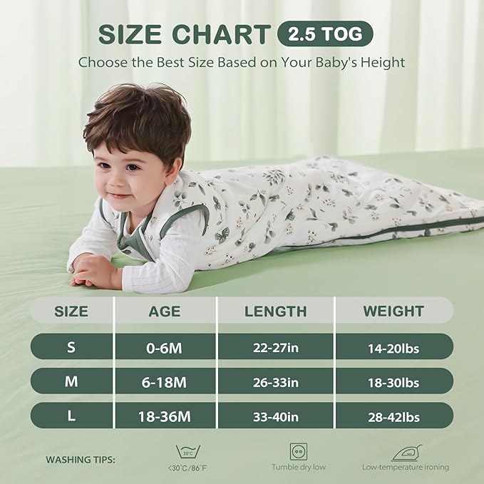 Mosebears Unisex Rayon Made from Bamboo Sleep Sack with 2-Way Zipper,2.5 Tog Baby Winter Sleep Sack(Plant,18-36 Months)