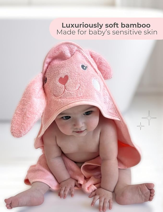 Hooded Baby Towel with Mitt - Ultra Soft Plush Bath Essential for Newborn, Infant & Toddler - Premium 30x30 Inch Large Absorbent Baby Bath Towels with Hood for Boys & Girls (Cute Bunny)