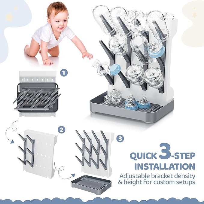 Baby Bottle Drying Rack, Baby Bottle Organizer for Countertop, Bottle Holder for Baby- Space Saving Standing Drying Rack for Baby Bottles and Brushes Part Cleaning (Gray)