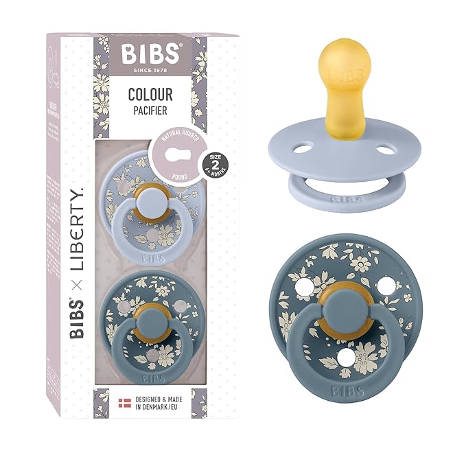 BIBS Colour Liberty Soother 2-Pack, BPA Free Dummy Pacifier, Round Nipple. Natural Rubber Latex, Made in Denmark, Size 2 (6-18 Months), Capel Dusty Blue