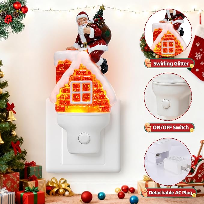 Christmas Night Light Plug into Wall Swirling Glitter USB Portable Christmas Decorative Night Light Decoration for Kids Adults Bedroom Kitchen Living Room Holiday Decor (Santa Claus)