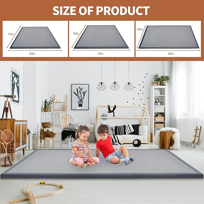 Baby Play Mats for Floor - 1.4" Thick Memory Foam Rug, 80"x80" Playpen Tummy Time Mat, Soft Velvet Nursery Rug, Large Padded Crawling Mat, Cushioned Pads for Playroom Toddlers, Infants, Yoga, Tatami