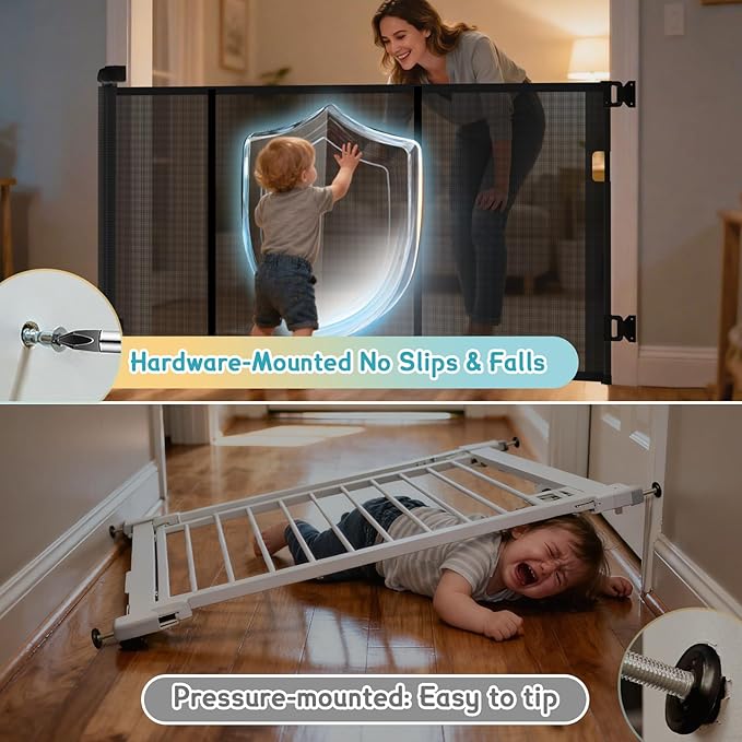 71'' Retractable Baby Gates Extra Wide for Stairs, 42" Tall Black Mesh Dog Child Pet Safety Indoor Outdoor Retractable Gate for Doorways, House, Hallway, Deck with Reinforcement Strips