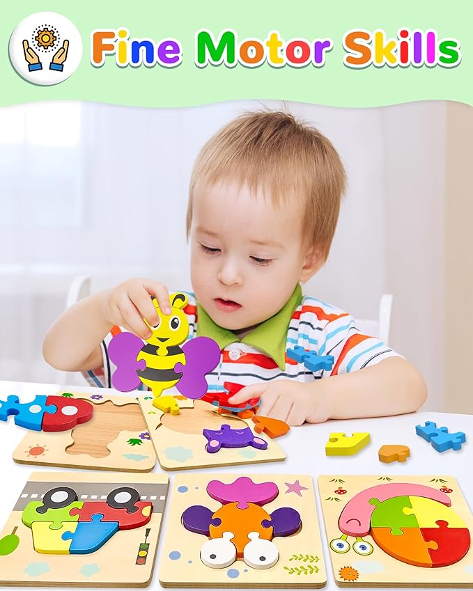 Yetonamr Wooden Toddler Puzzles Gifts Toys for Boys Girls, 12 Vehicle Shape Montessori Toy Educational Blocks Kids Toys Gift Baby Learning Toy