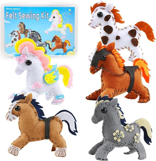 Sewing-Kit for Kids Ages 8-12, Horse Craft Sew Your Own Stuffed Animal of 5 DIY Projects, Unicorn Pony Toy Gift for Girls Boys