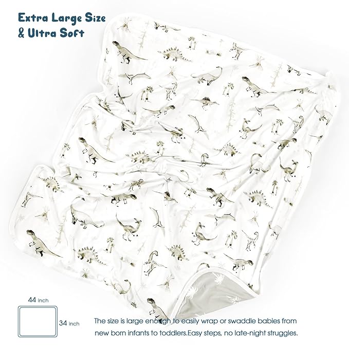 GRSSDER Baby Blankets Super Soft Stretchy Jersey Swaddle Blanket 2 Pack for Girls and Boys, Double Layer Reversible Receiving Blankets 34 x 44, Extra Large for Swaddling, Dinosaurs