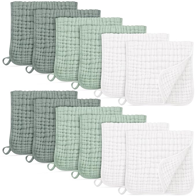 Muslin Burp Cloths for Baby 100% Cotton Burping Cloths for Boys Girls Large 20''X10'' Extra Soft and Absorbent 12 Pack - White and Green