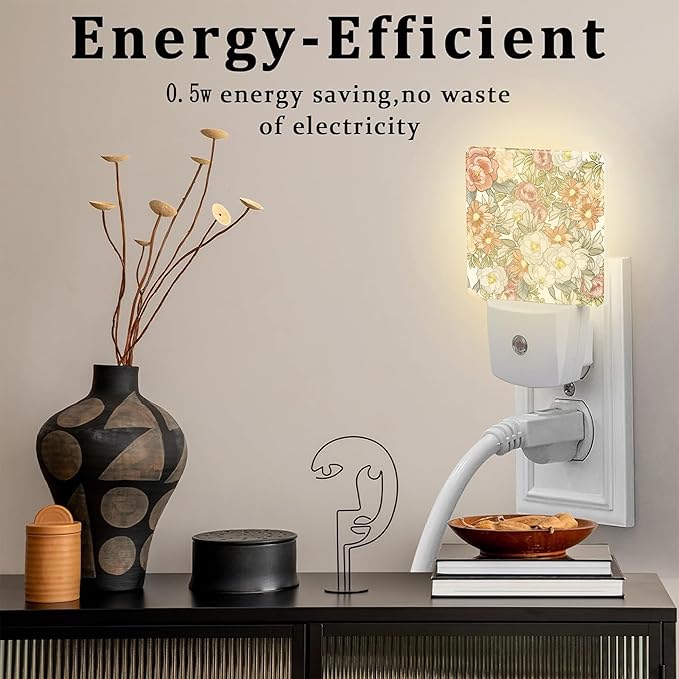 Watercolor Flowers and Herbs Night Light Plug into Wall,Abstract Botanical Plants Leaves Floral Dusk to Dawn Night Light Plug in,0.5w Energy Saving NightLight for Kids Boys Girls Home Decor