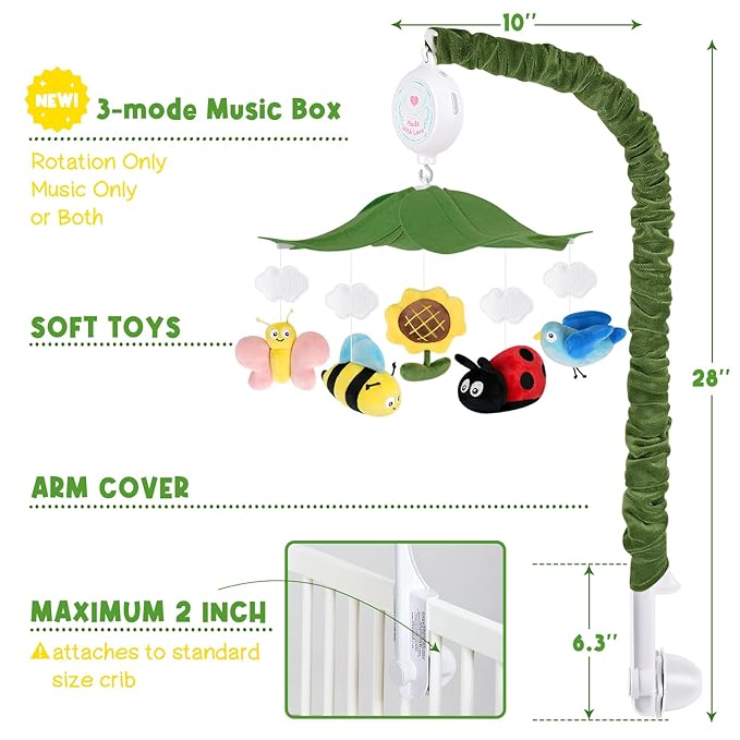 Garden Friends Crib Mobile – Baby Mobile for Crib with Upgraded 3-Mode Music Box, Nursery Mobile with Butterflies, Bees, Birds for Boys & Girls, Fits Standard Cribs, Forest Nursery Decor