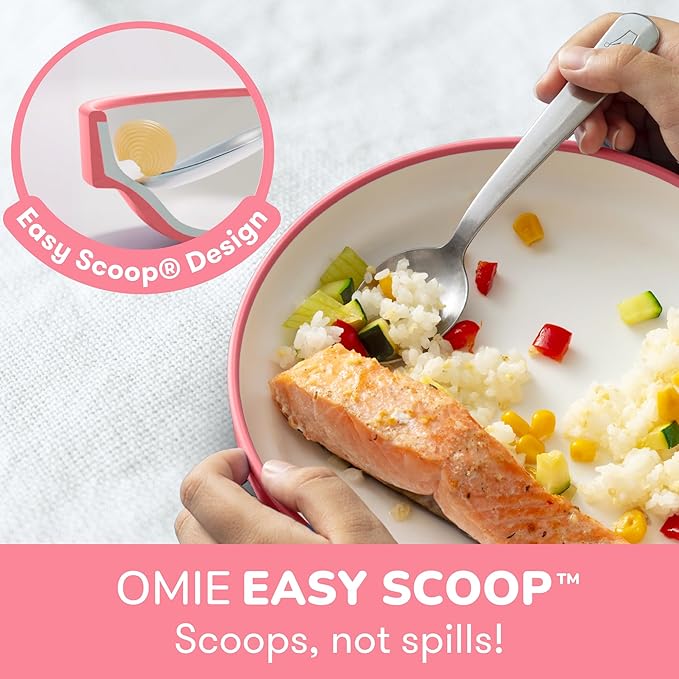 Omie® Easy Scoop Plates for Kids | Unique Design Helps Food Fall into the Spoon, Not on the Table | Made from Plants | 3 Plates + 2 Silicone Dividers | Pink