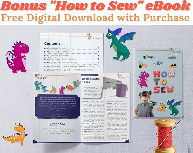 Hummingbird Crafts Sewing Kit for Kids Ages 8-12, Dragons DIY Craft Kits, Christmas Gift, Fun and Educational Sewing Kits for Kids, Sew Your Own Felt Animals